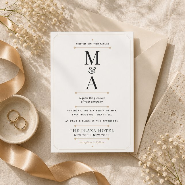 Convites Casamento de Luxo Minimalista com Monograma Editáv (Elegant Monogram Wedding Invitation on luxurious warm linen with timeless editorial styling.)