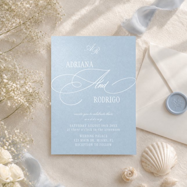 Convites Casamento de Luxo Monograma Azul Pastel (Criador carregado)
