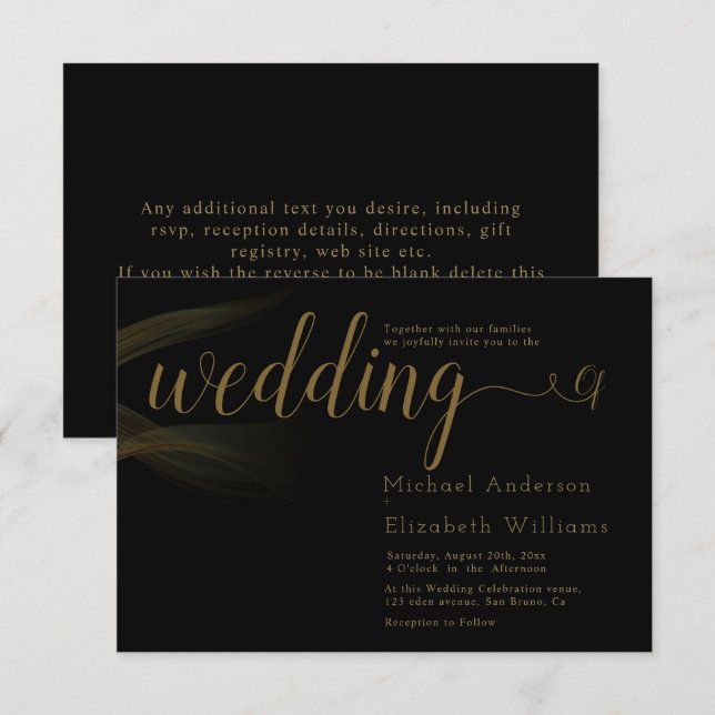 Convites Casamento de luxo negro e Dourado caligrafia (Frente/Verso)
