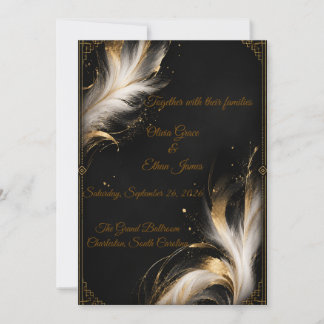 Convites Casamento de Luxo Preto Dourado Pena Abstrata