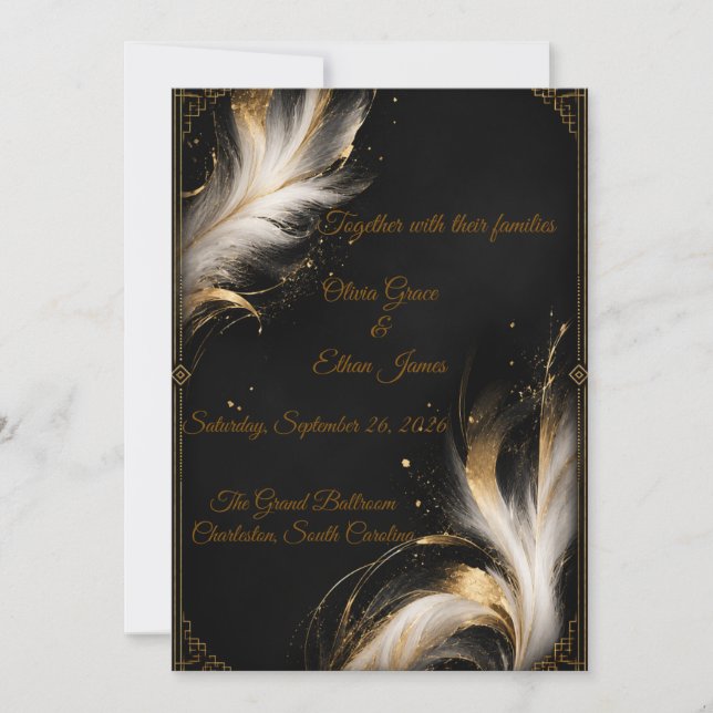 Convites Casamento de Luxo Preto Dourado Pena Abstrata (Frente)