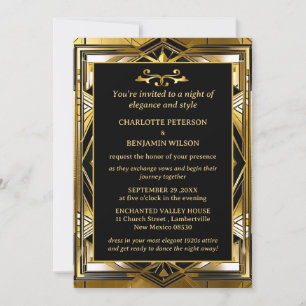 Convites Casamento de Luxo Preto e Dourado Gatsby Art Déco