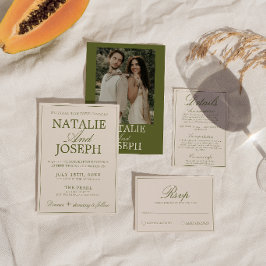 Convites Casamento de Luxo Retro em Verde Oliva Clássico