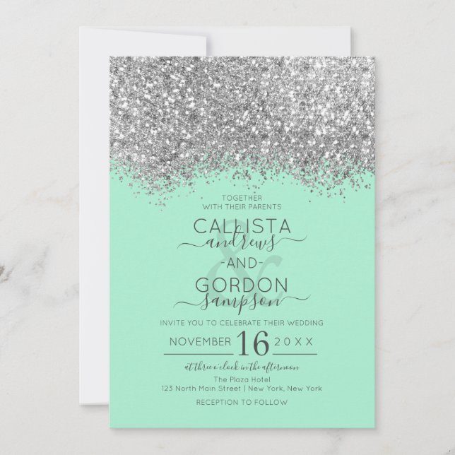 Convites Casamento de Luxo Silver Neo Mint Glitter Confetti (Frente)