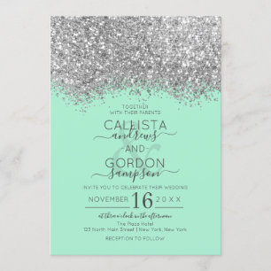 Convites Casamento de Luxo Silver Neo Mint Glitter Confetti