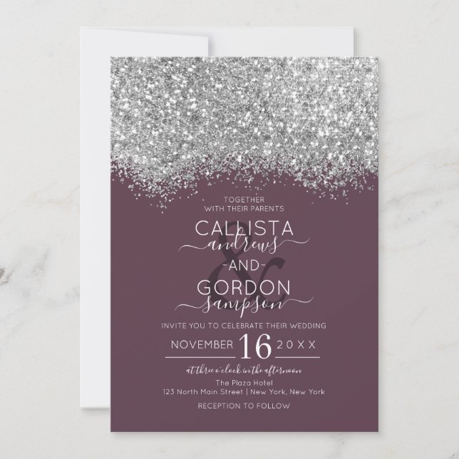 Convites Casamento de Luxo Silver Purple Glitter Confetti (Frente)