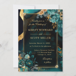 Convites Casamento de Luxo Teal e Agata Floral Dourada