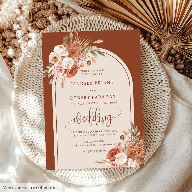 Convites Casamento de Luxury Dusty Pampas Grass Boho (Luxury Dusty Orange Pampas Grass Boho Wedding Invitation)