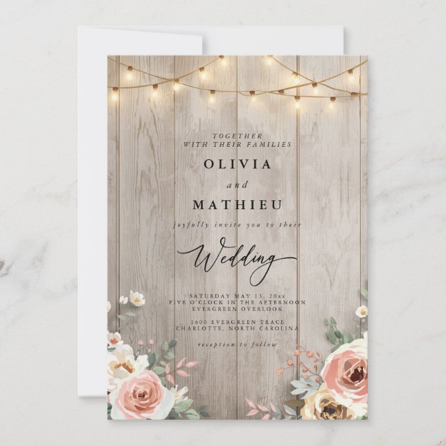 Convites Casamento de Luz de Corda Floral Rustic Beige (Frente)