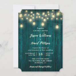 Convites Casamento de Luzes de Corda de Madeira de Teal Cou