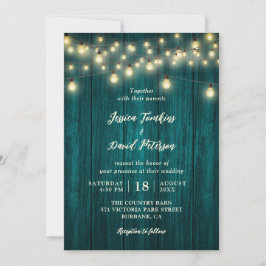 Convites Casamento de Luzes de Corda de Madeira de Teal Cou