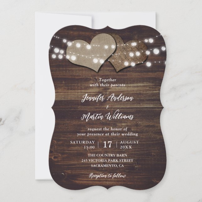 Convites Casamento de Luzes de Cordas de Corpo Rustic Wood  (Frente)