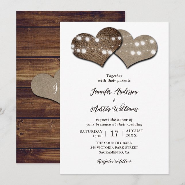 Convites Casamento de Luzes de Cordas de Madeira Rústica Ro (Frente/Verso)