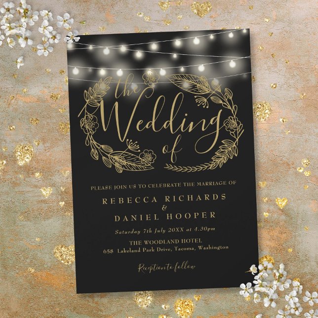 Convites Casamento De Luzes De Cordas Douradas E Pretas (Black And Gold String Lights Script Wedding Invitation)