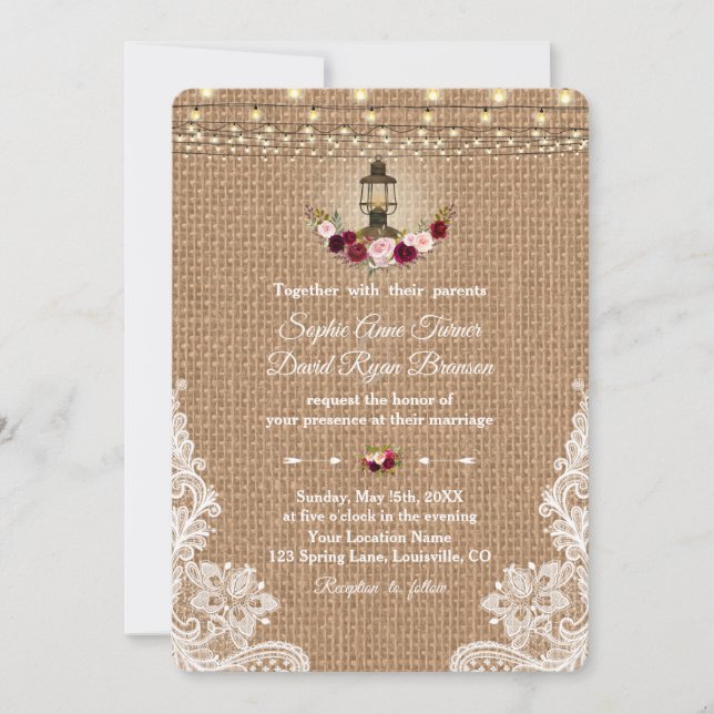 Convites Casamento de Luzes de Lanterna Rustic Lace Burlap (Frente)