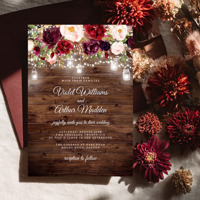 Convites Casamento de Luzes Florais Rustic Burgundy (Criador carregado)