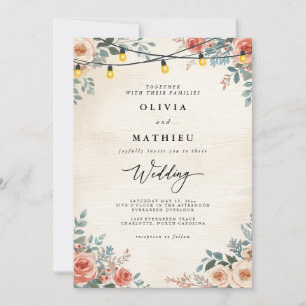 Convites Casamento de Luzes Florais Rustic Peach