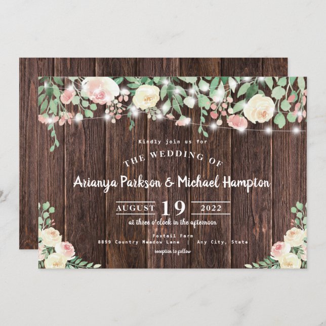 Convites Casamento de Luzes Florais Rustic Wood Blush (Frente/Verso)