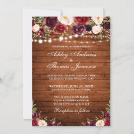 Convites Casamento de Luzes Florais Rustic Wood Burgundy