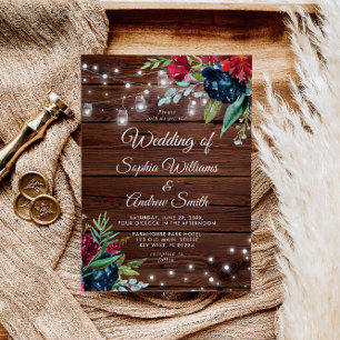Convites Casamento de Luzes Florais Rustic Wood Burgundy