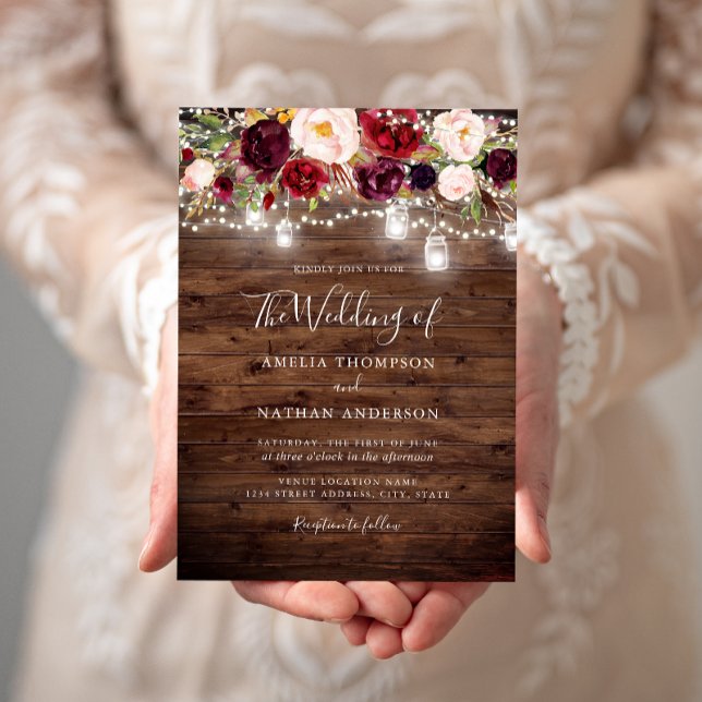 Convites Casamento de Luzes Florais Rustic Wood Burgundy (Criador carregado)