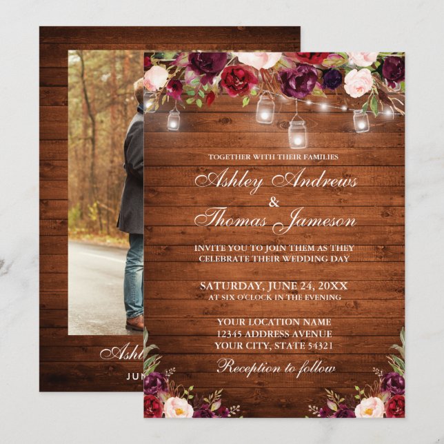 Convites Casamento De Luzes Florais Rustic Wood Burgundy (Frente/Verso)