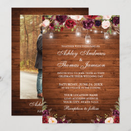 Convites Casamento De Luzes Florais Rustic Wood Burgundy