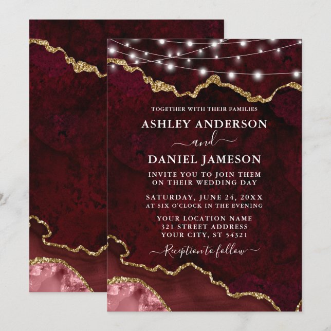 Convites Casamento de Luzes Geodo Marble Burgundy (Frente/Verso)