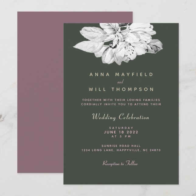 Convites Casamento de Maçã Branca Negra Elegante Primavera  (Frente/Verso)