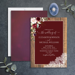 Convites Casamento de Madeira Botânica com Blush Burgundy