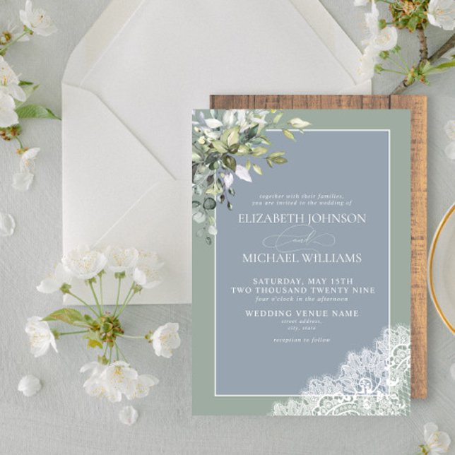 Convites Casamento De Madeira Botânica Eucalyptus Dusty Blu (Criador carregado)