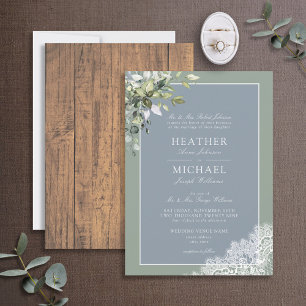 Convites Casamento De Madeira Botânica Eucalyptus Dusty Blu