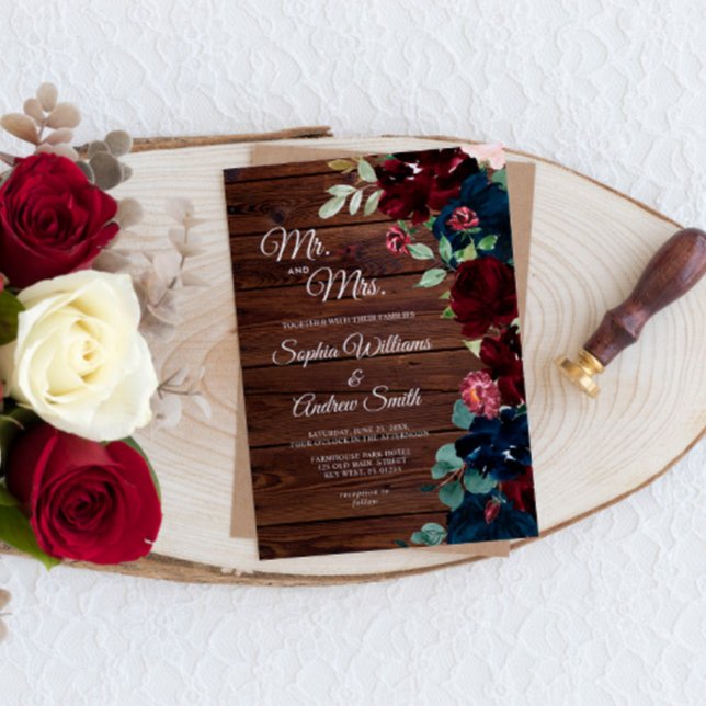 Convites Casamento de Madeira com Borgonha Azul Elegante e  (Criador carregado)