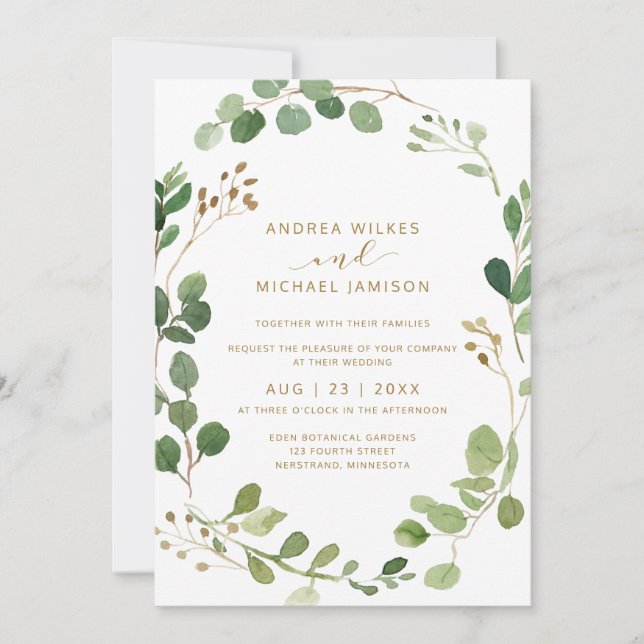 Convites Casamento de Madeira com Eucalipto em Aquarela Rús (Frente)