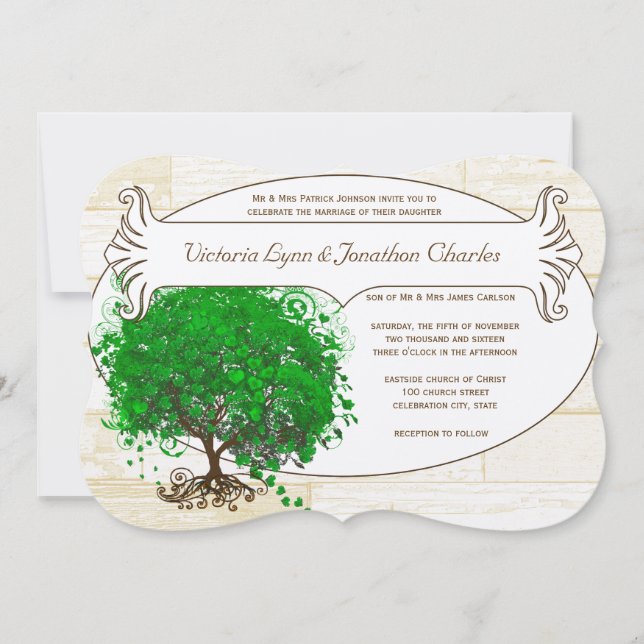 Convites Casamento de Madeira com madeira de folhas de folh (Frente)