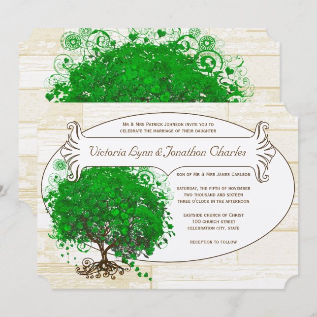 Convites Casamento de Madeira com madeira de folhas de folh (Frente/Verso)