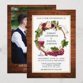 Convites Casamento de Madeira com Uvas Florais de Aquarela