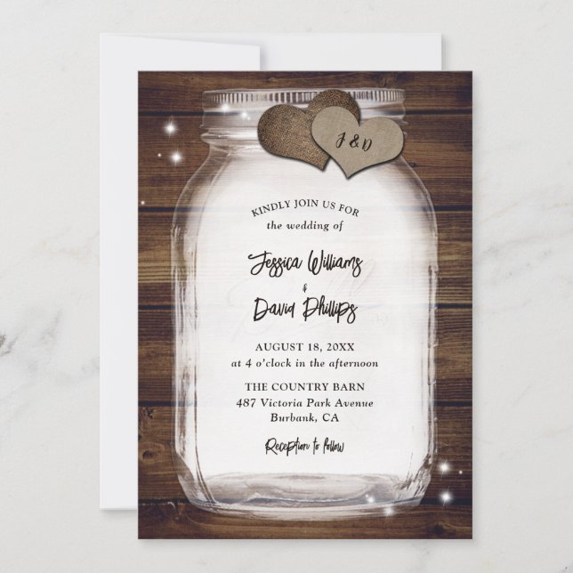 Convites Casamento de Madeira de Celeiro Corações de Sarja  (Frente)