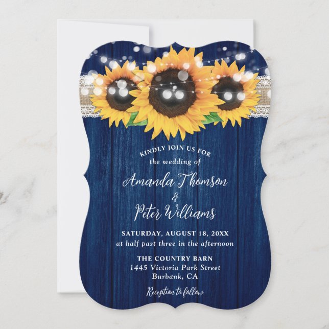 Convites Casamento de madeira de girassol com marinho azul- (Frente)