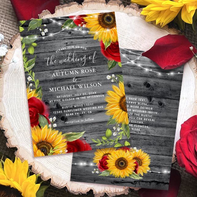 Convites Casamento de madeira de girassol e Rosa vermelha d (Personalized rustic wood, burgundy red rose sunflower wedding invitations for your big day!)
