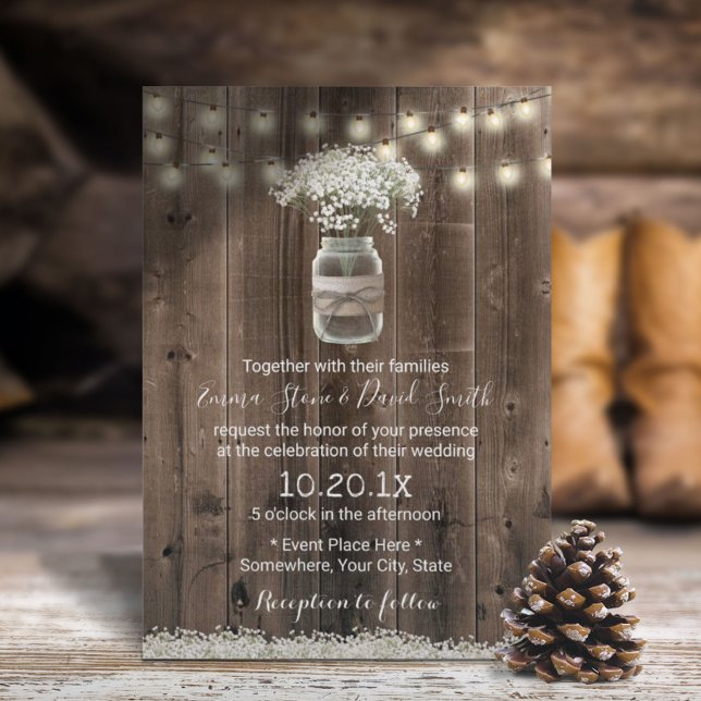 Convites Casamento de madeira de jar Rustic Barn Breath Flo (Criador carregado)