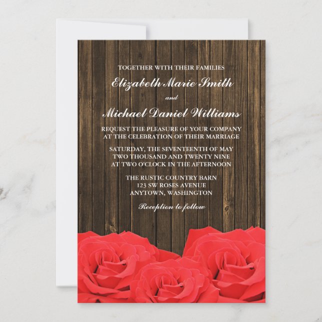 Convites Casamento de madeira do Rosa vermelha Barn (Frente)