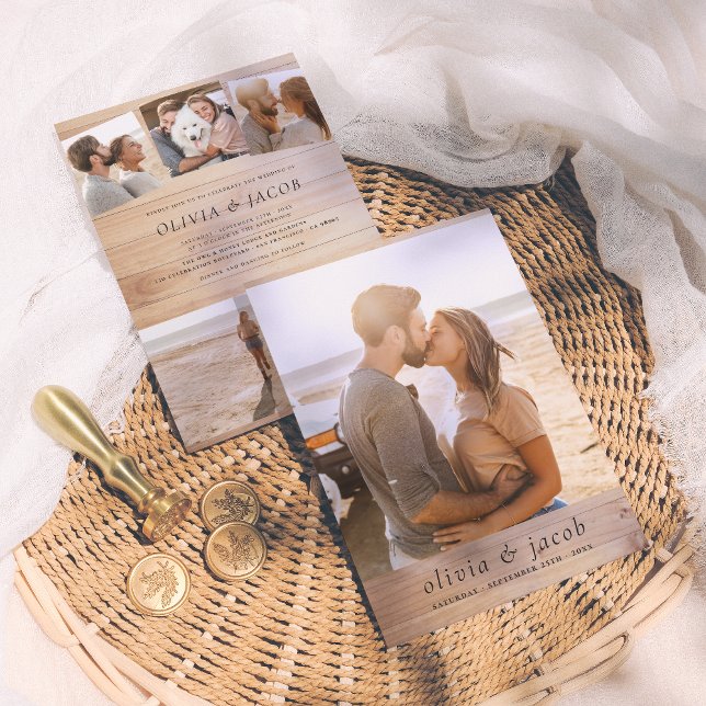 Convites Casamento de Madeira Elegante Mínima Russa e 5 Fot (Criador carregado)