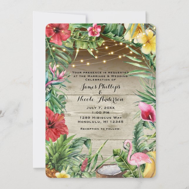 Convites Casamento de Madeira Floral Tropical Aloha e Luzes (Frente)