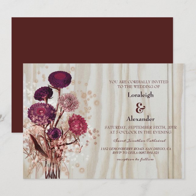 Convites Casamento de Madeira leve e russa moderna (Frente/Verso)