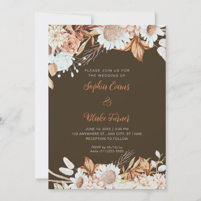 Convites Casamento de Madeira Marrom Branco Flores Boho Rus (Frente)
