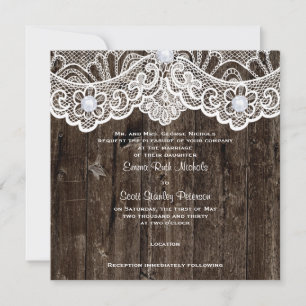 Convites Casamento de madeira marrom com renda branca