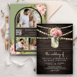 Convites Casamento de madeira Mason Jar, Código QR, Peony R