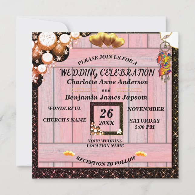 Convites Casamento De Madeira Rosa-Rosa Com Ouro Rustic Boh (Frente)