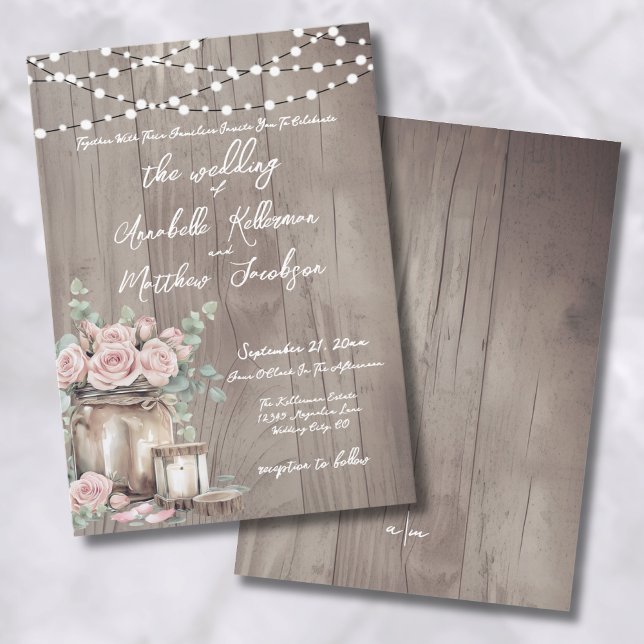 Convites Casamento de Madeira Rosas Rosa-Escamufladas Rústi (Country Blush Pink Roses Rustic Wood Wedding Invitation)